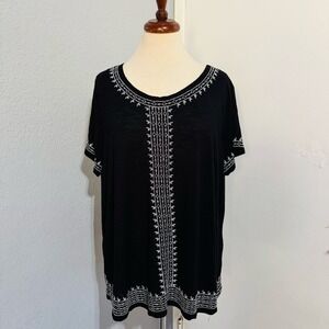 Rafaella Black Bohemian Embroidered Women's Relaxed Fit Lightweight Top Size XL‎